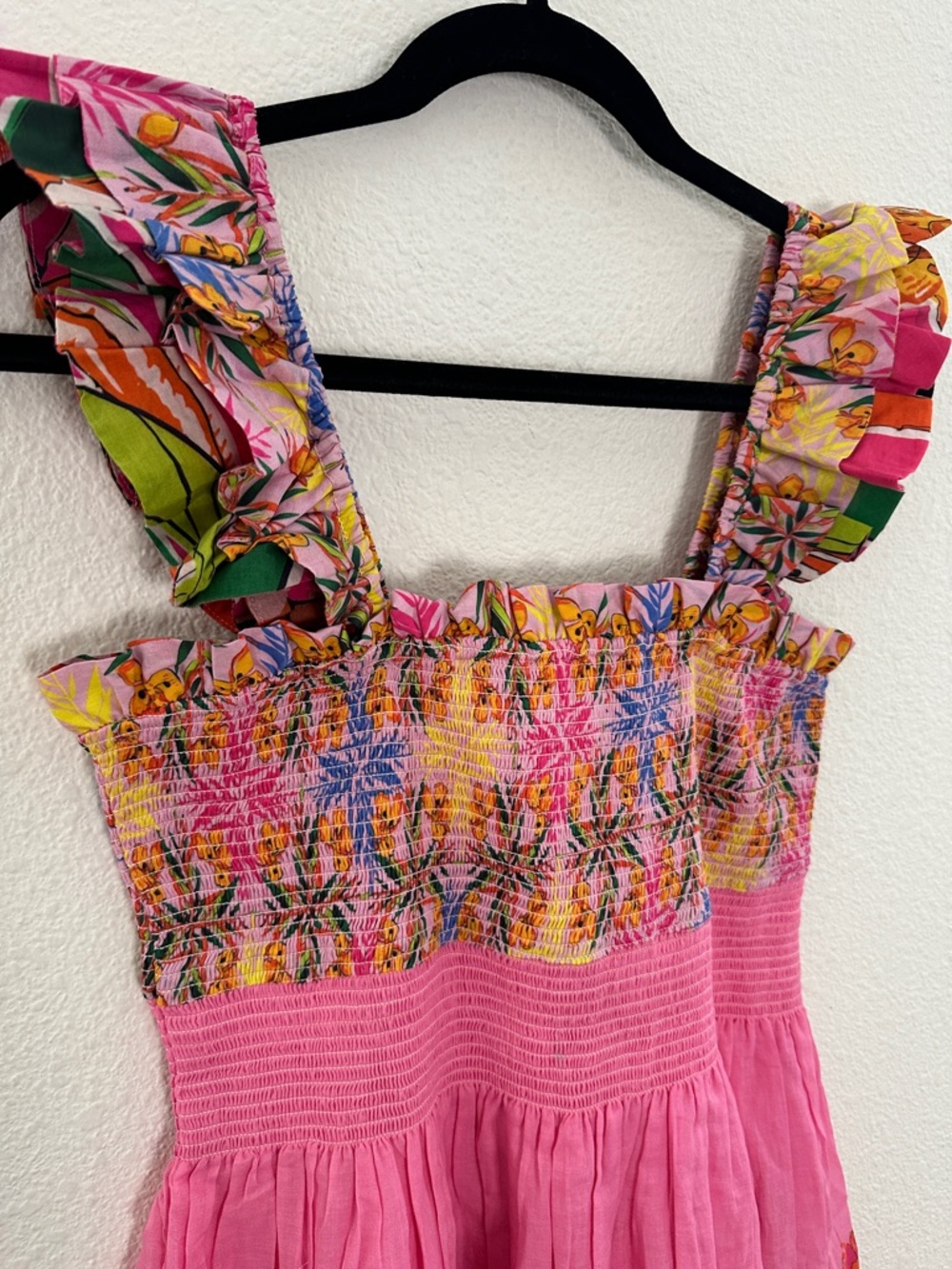 Anthropologie Roopa Pemmaraju Floral Smocked Dress Pink Ruffle Cotton Sundress M - Picture 8 of 11